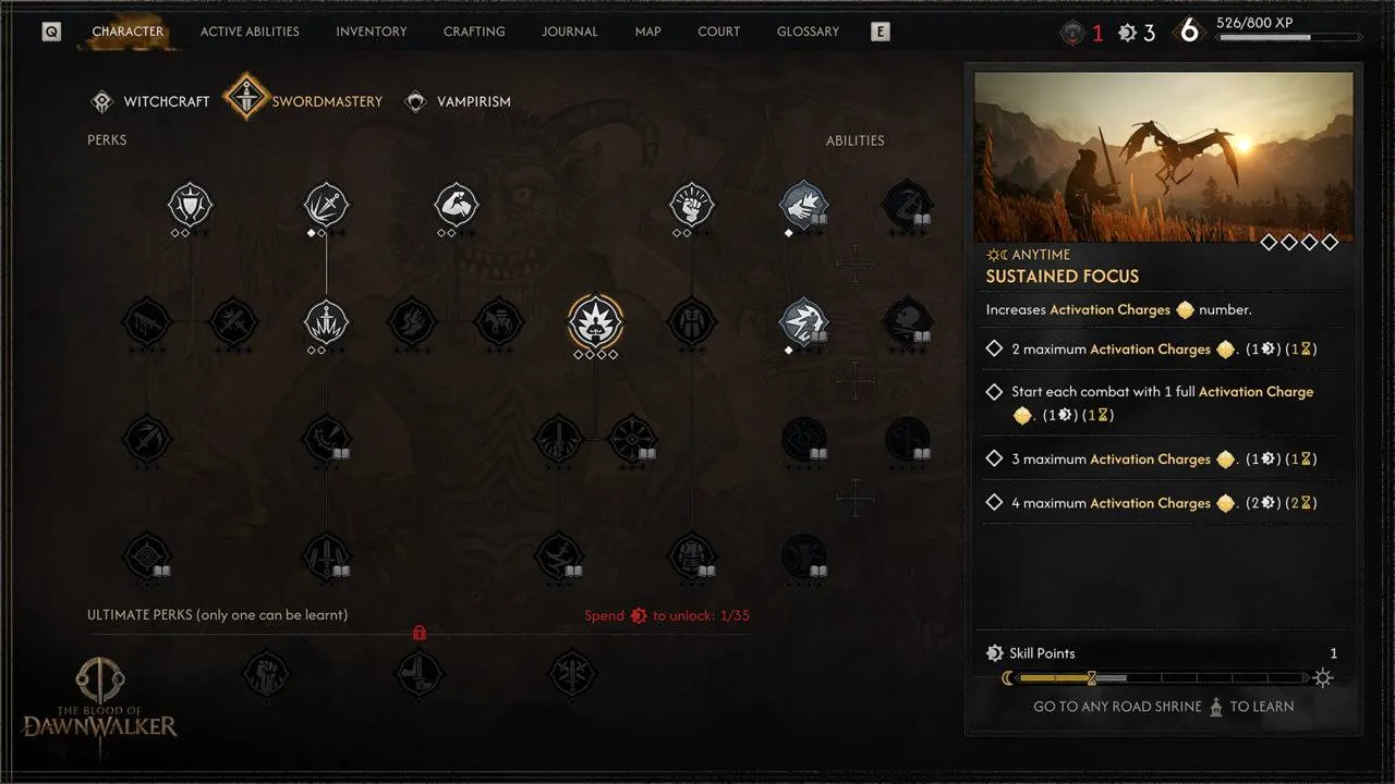 Swordmastery skill tree showing the SWORDMASTERY tab and the Sustained Focus detail panel.