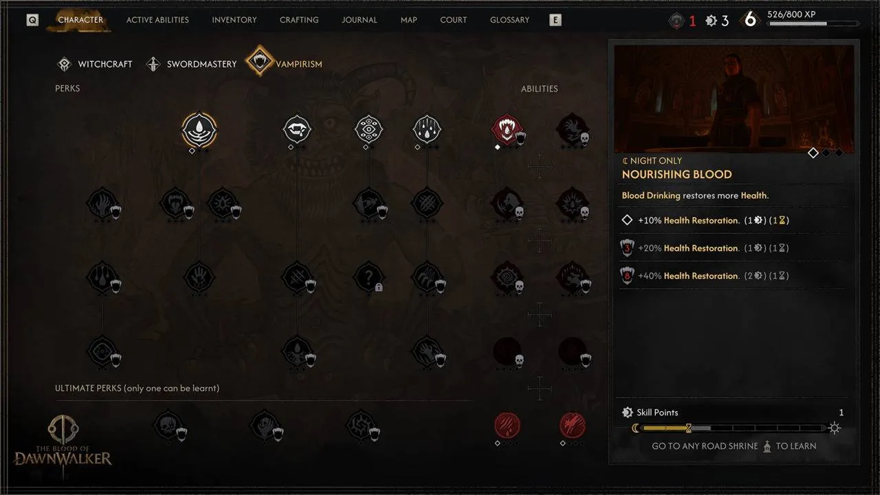 Vampirism skill tree with the Nourishing Blood detail panel visible.