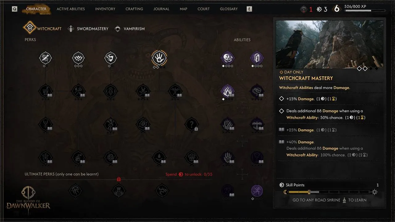 Witchcraft skill tree showing the WITCHCRAFT tab on the in-game progression screen.